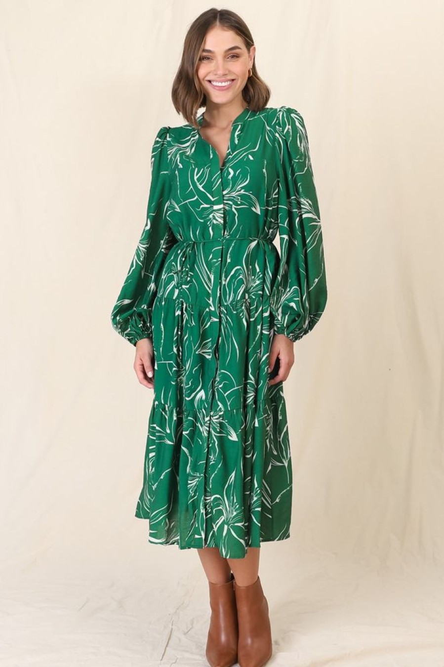 Dresses Salty Crush | Brea Midi Dress - High Mandarin Collar Button Down Dress In Ivy Print Green