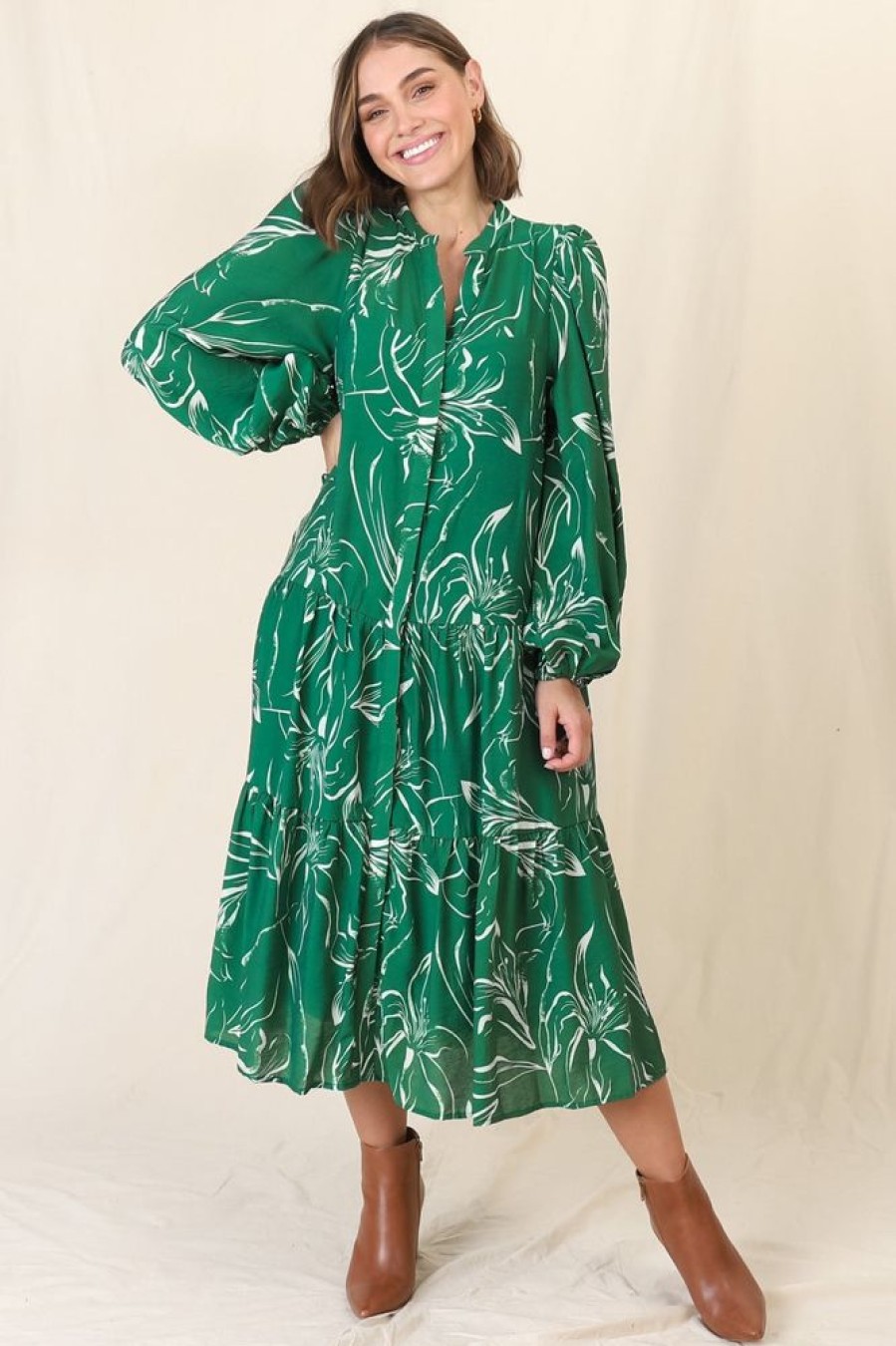 Dresses Salty Crush | Brea Midi Dress - High Mandarin Collar Button Down Dress In Ivy Print Green