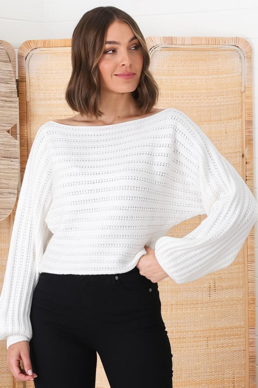 Tops Salty Crush | Celina Knit Top - Open Knit Stitch Boat Neckline Top In White