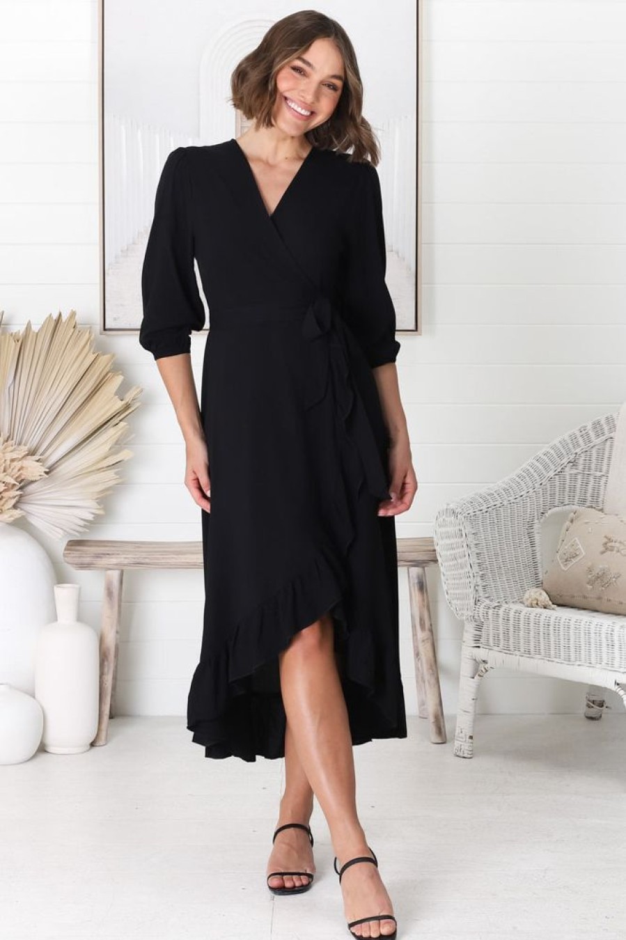 Dresses Salty Crush | Odilah Midi Dress - 3/4 Sleeve Wrap Dress In Black