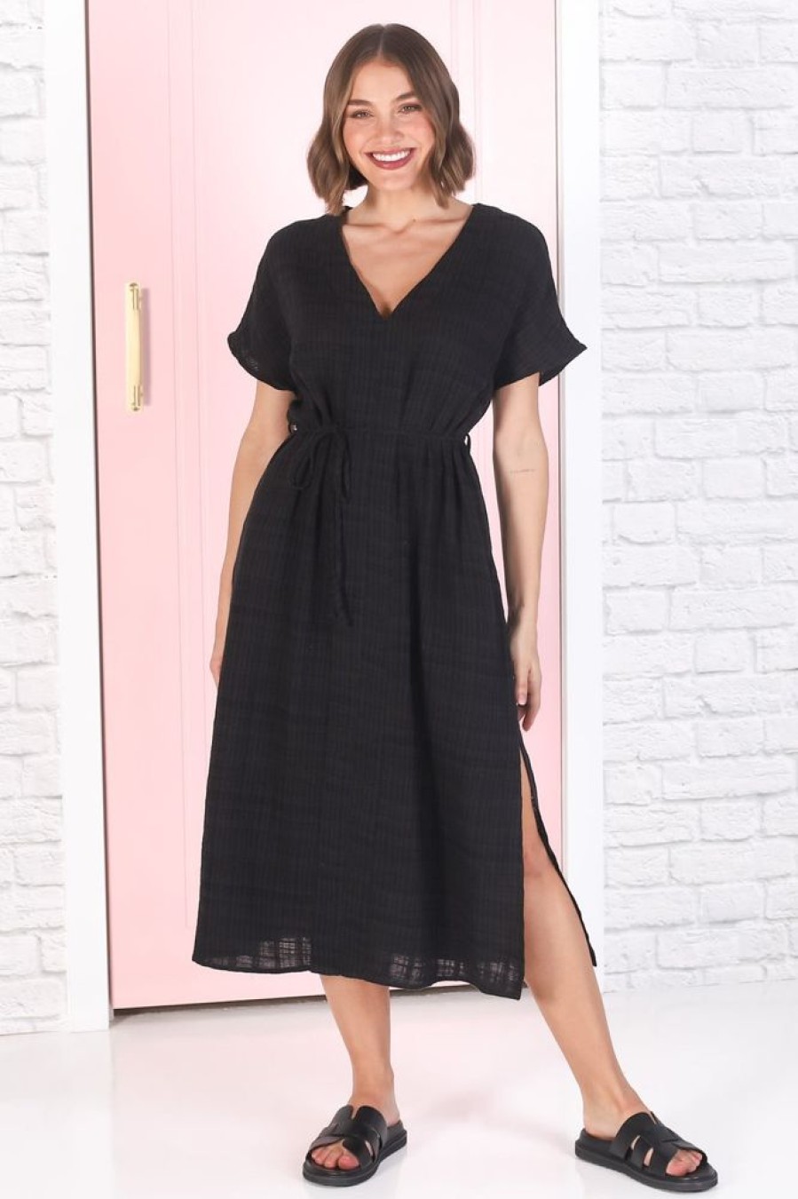 Dresses Salty Crush | Tanera Midi Dress - Pull Over Tunic Dress With Waist Tie In Black