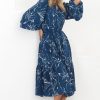 Dresses Salty Crush | Brea Midi Dress - High Mandarin Collar Button Down Dress In Ivy Print Blue