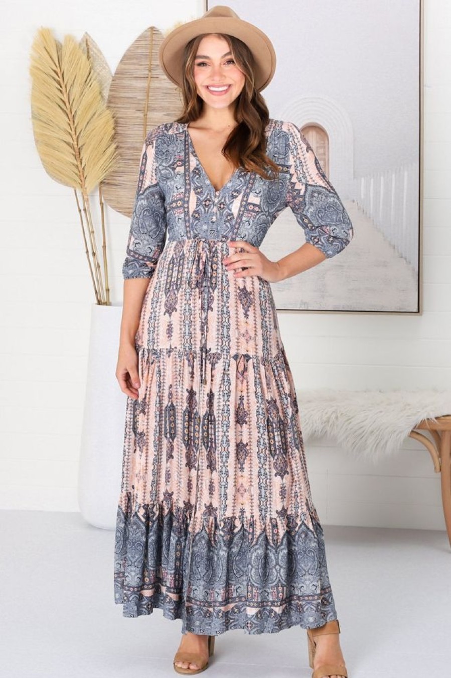 Jaase JAASE | Jaase - Tessa Maxi Dress: A Line Pull Tie Waist Dress In Caribbean Print