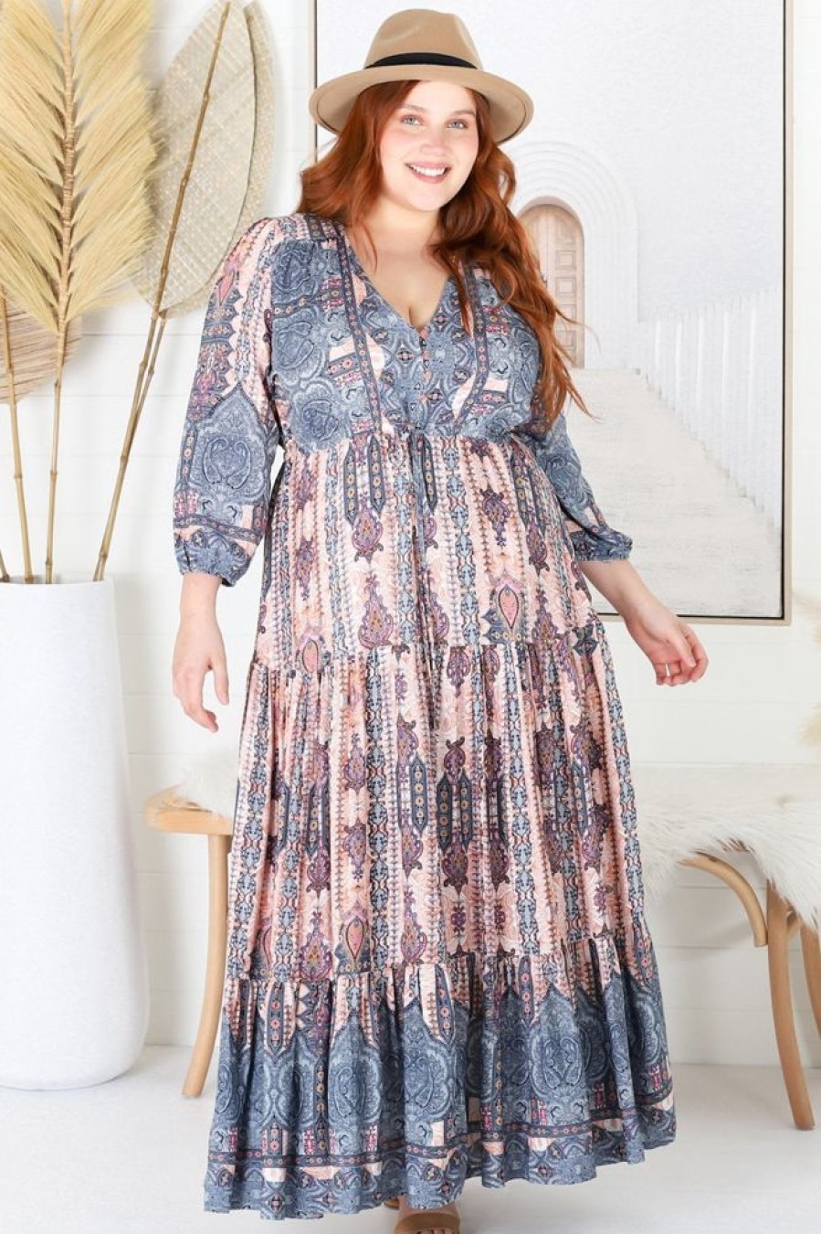 Jaase JAASE | Jaase - Tessa Maxi Dress: A Line Pull Tie Waist Dress In Caribbean Print