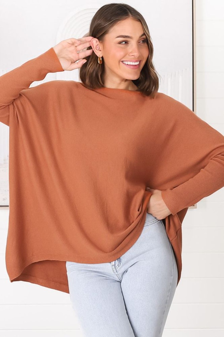 Tops Salty Crush | Belinda Knit Top - Boat Neckline Boxy Batwing Top In Rust