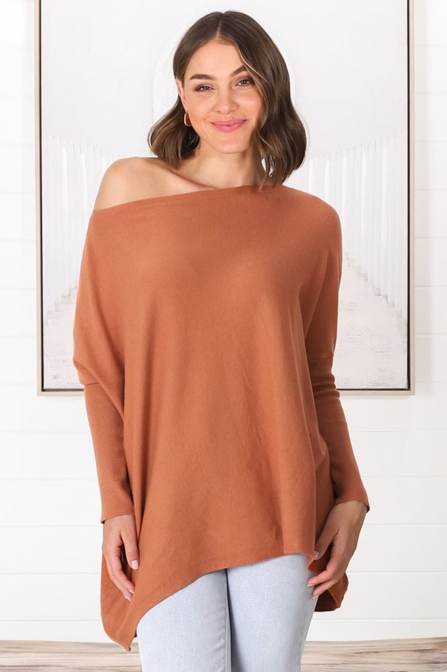 Tops Salty Crush | Belinda Knit Top - Boat Neckline Boxy Batwing Top In Rust