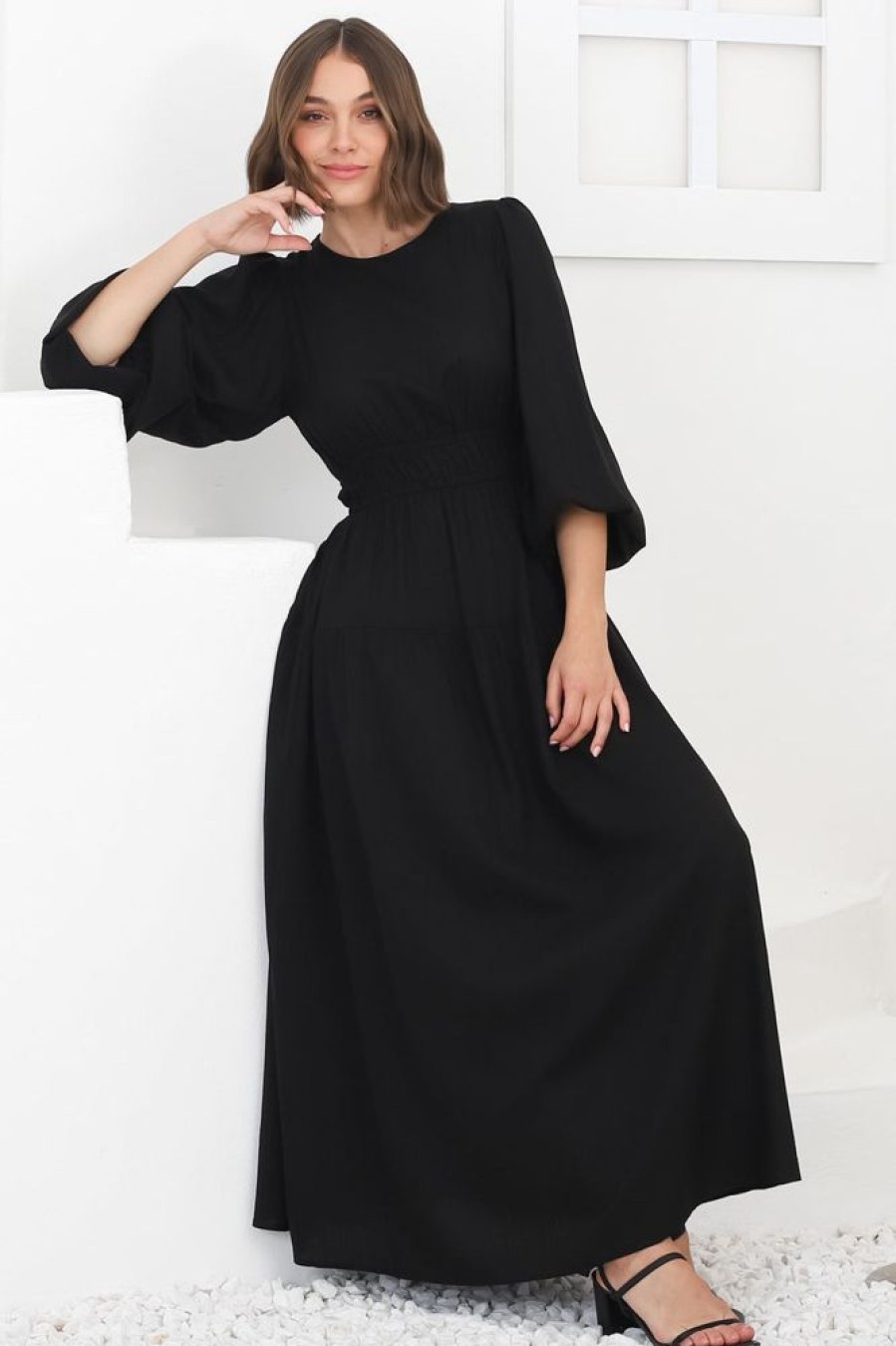 Dresses Salty Crush | Sheyne Maxi Dress - Long Balloon Sleeve Elasicated Waist A Line Dress In Black