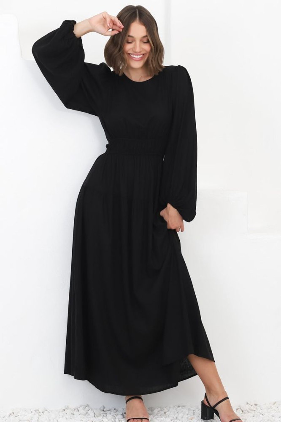 Dresses Salty Crush | Sheyne Maxi Dress - Long Balloon Sleeve Elasicated Waist A Line Dress In Black