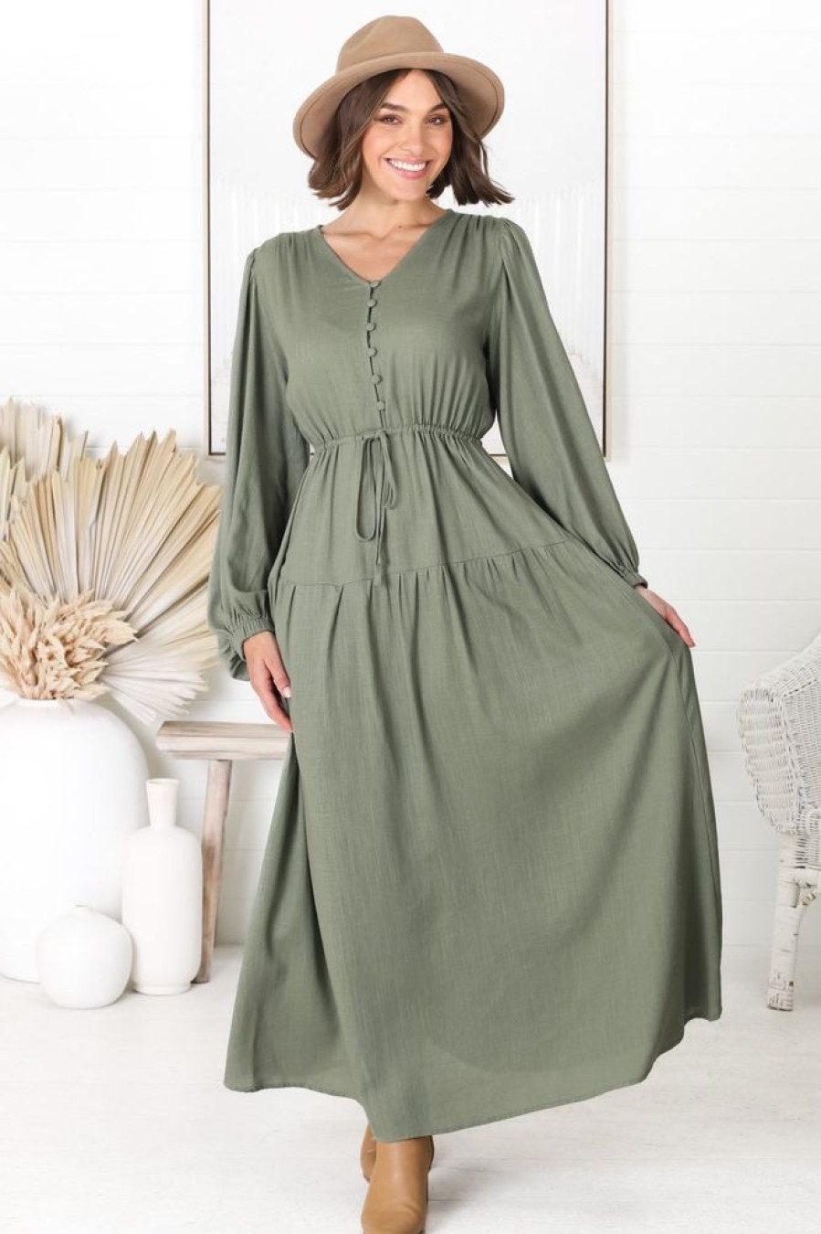 Dresses Salty Crush | Salma Maxi Dress - Linen Blend Long Sleeve Maxi Dress In Khaki