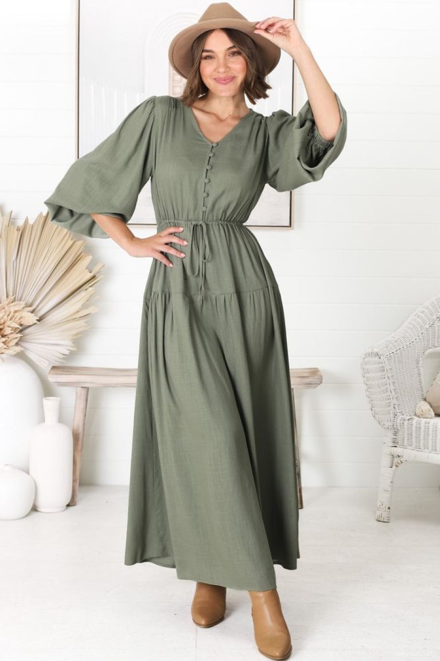 Dresses Salty Crush | Salma Maxi Dress - Linen Blend Long Sleeve Maxi Dress In Khaki