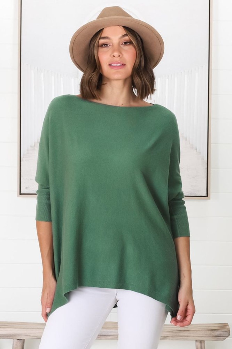 Tops Salty Crush | Belinda Knit Top - Boat Neckline Boxy Batwing Top In Teal