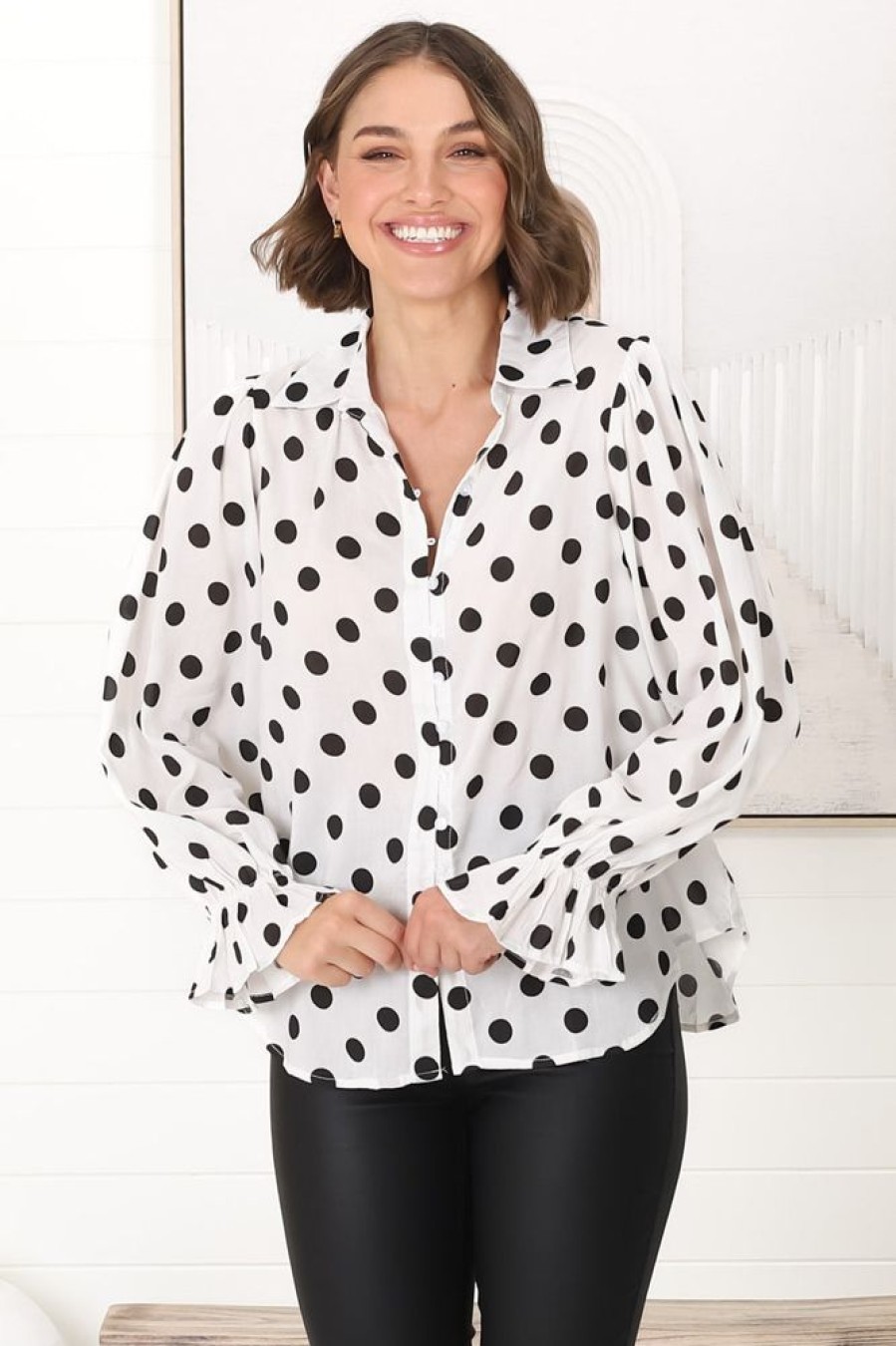 Tops Salty Crush | Bronte Blouse - Polka Dot Button Down Cotton Blouse In White And Black