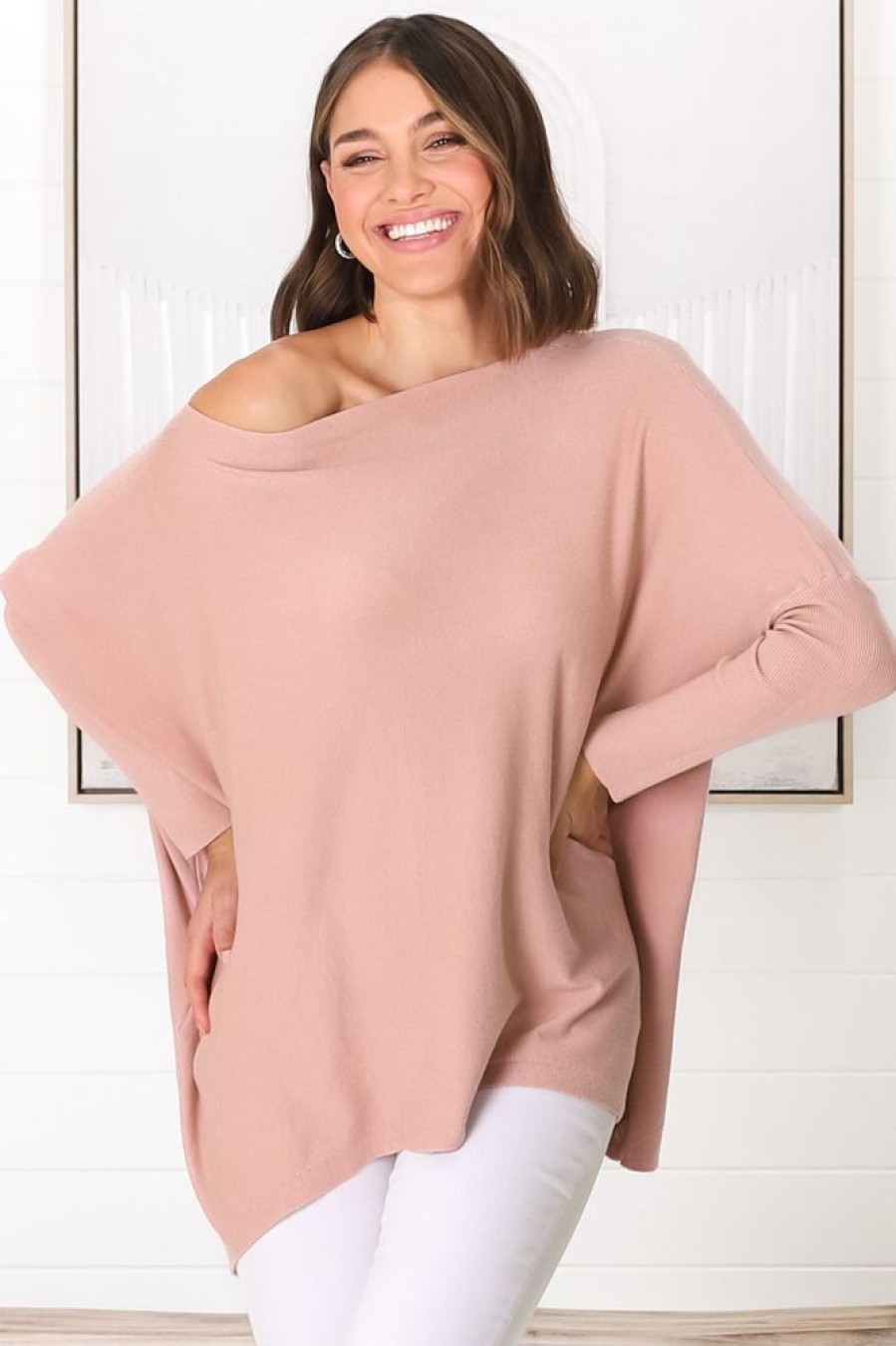 Tops Salty Crush | Belinda Knit Top - Boat Neckline Boxy Batwing Top In Blush