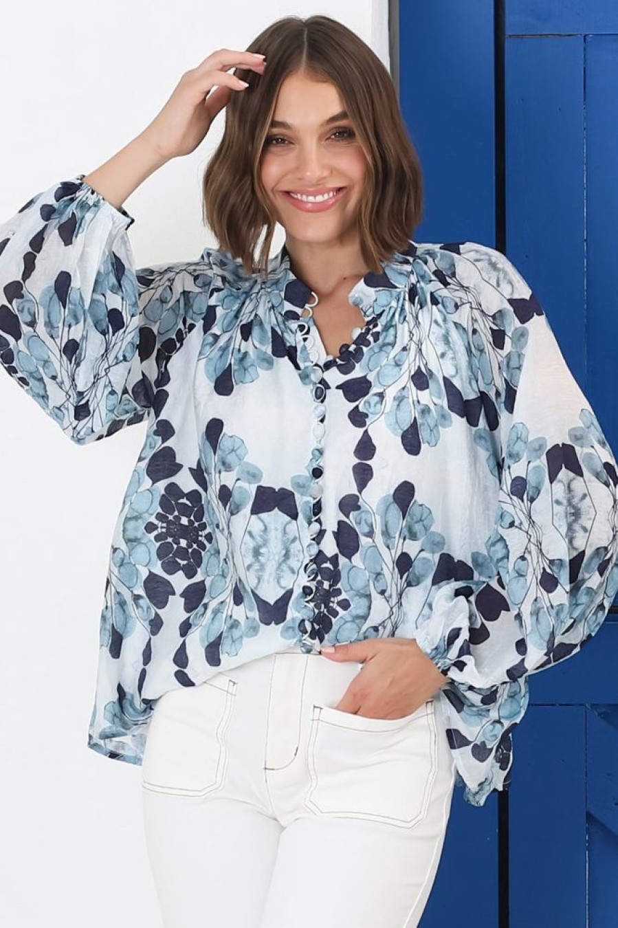 Tops Salty Crush | Portia Blouse - Button Down Lace Detail Shirt In Calea Blue Print