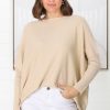 Tops Salty Crush | Belinda Knit Top - Boat Neckline Boxy Batwing Top In Sand