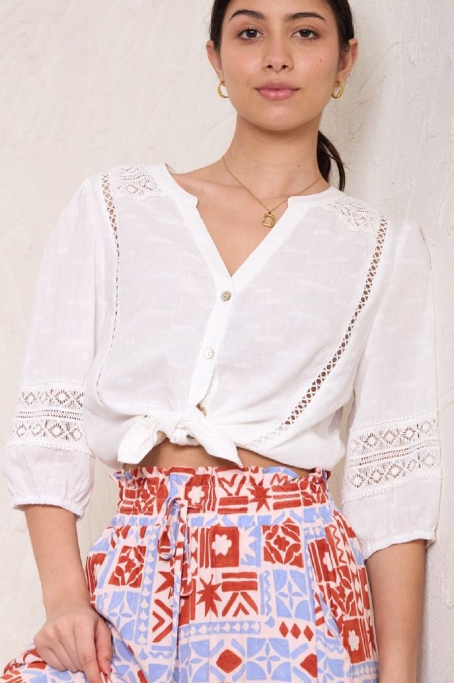 Tops Salty Crush | Nico Top - Mandarin Collar Buttoned Down Shirt With Crochet Details In White