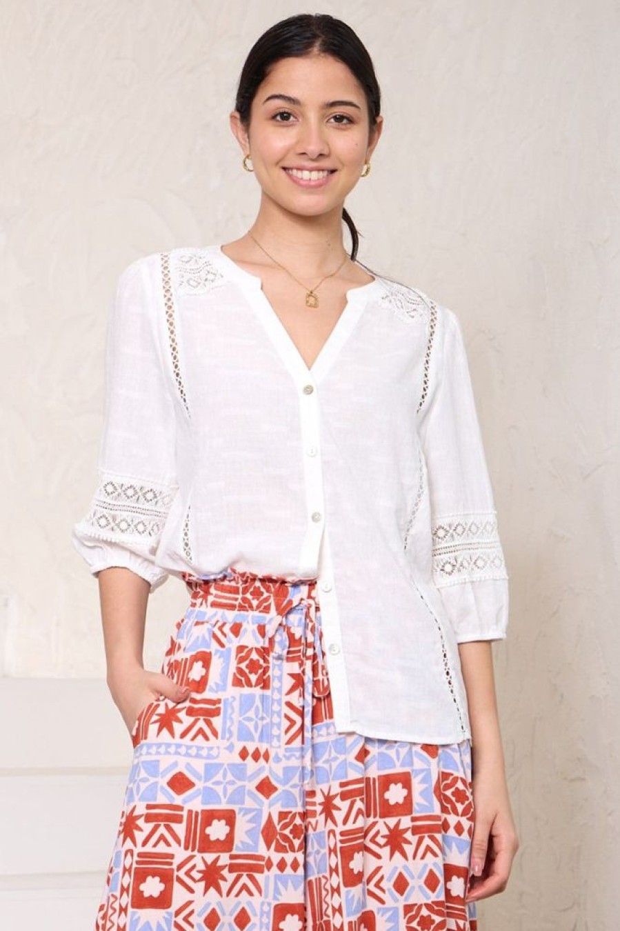 Tops Salty Crush | Nico Top - Mandarin Collar Buttoned Down Shirt With Crochet Details In White