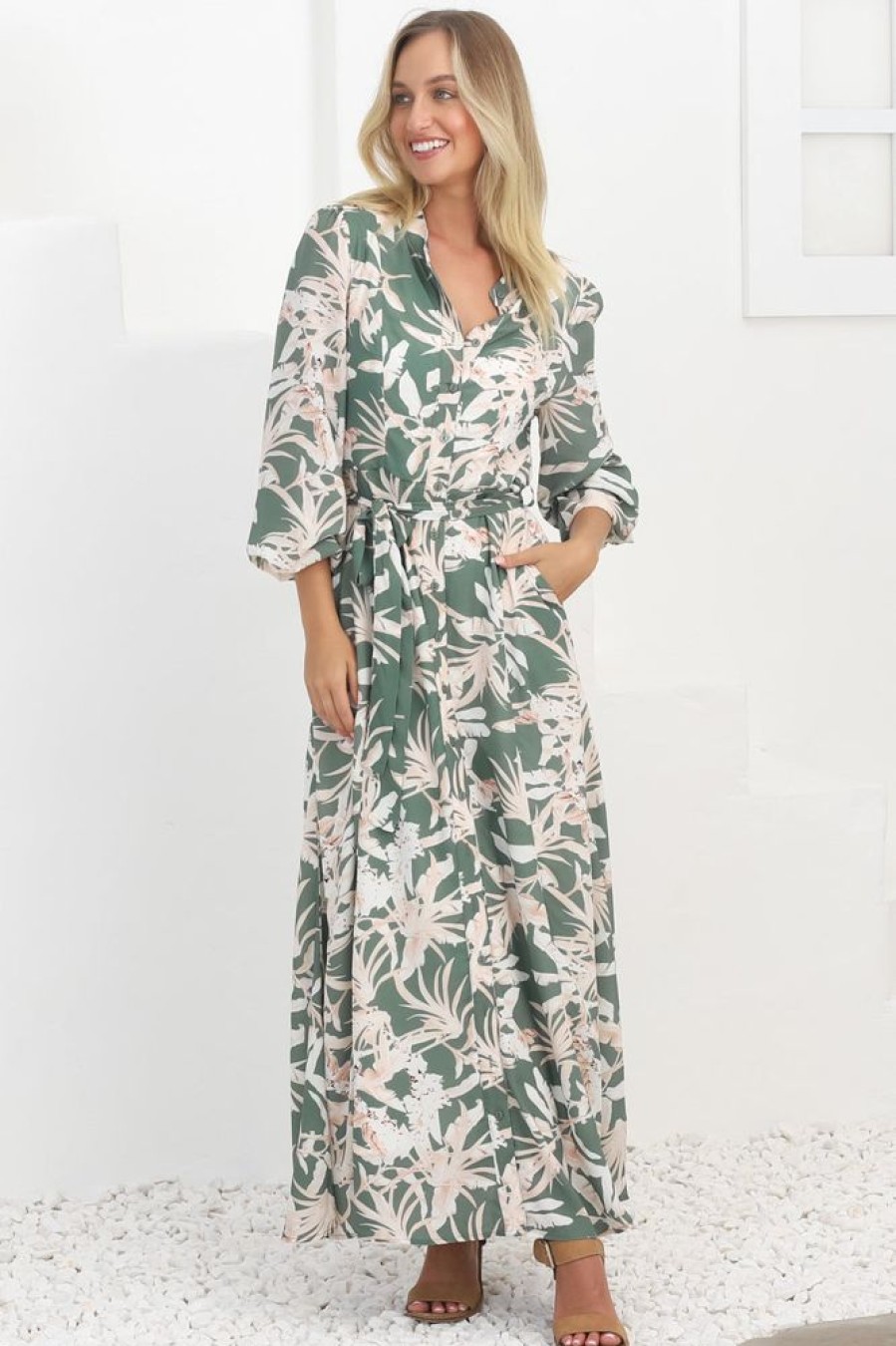 Dresses Salty Crush | Tarni Maxi Dress - A Line Dress With Waist Tie In Hanny Green