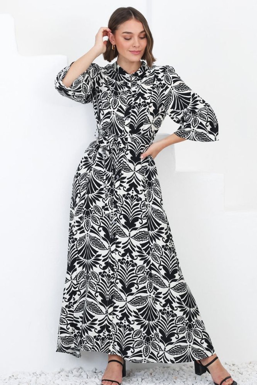 Dresses Salty Crush | Sully Maxi Dress - High Collar A Line Dress In Harriette Print Black