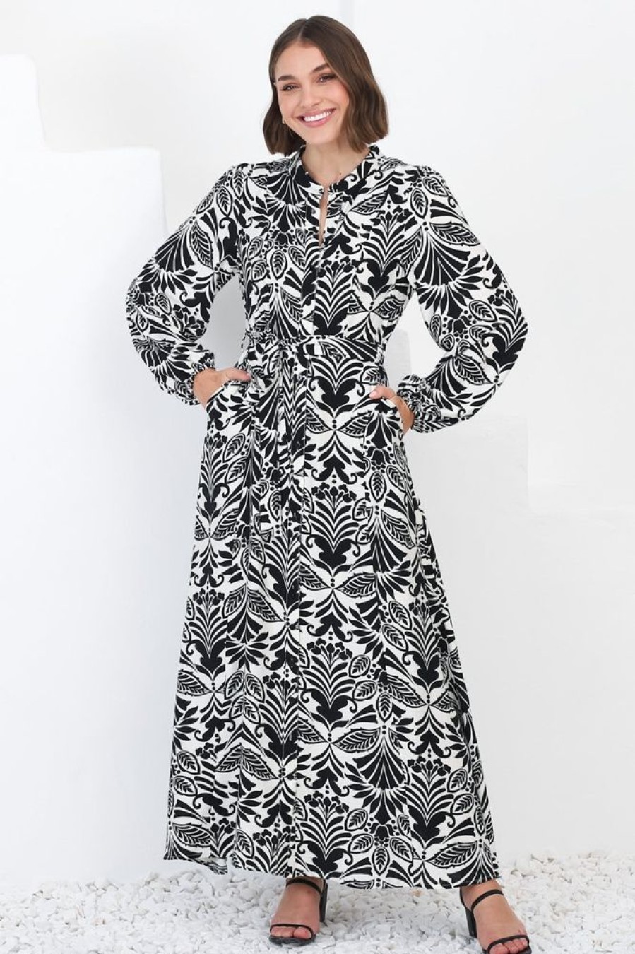 Dresses Salty Crush | Sully Maxi Dress - High Collar A Line Dress In Harriette Print Black