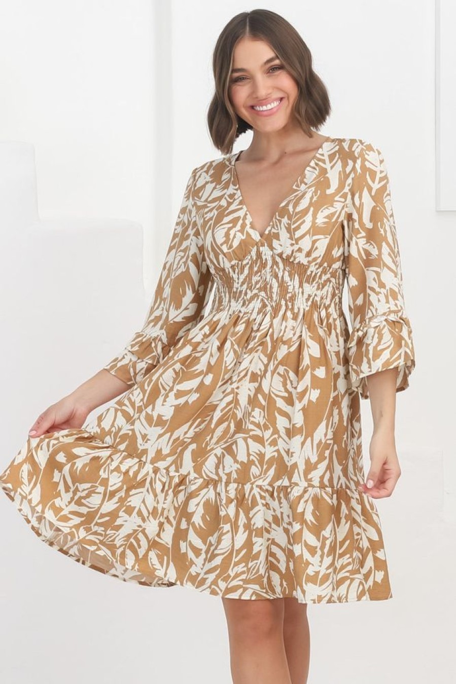 Dresses Salty Crush | Sami Mini Dress - Tiered Dress With Flute Sleeves In Siani Beige