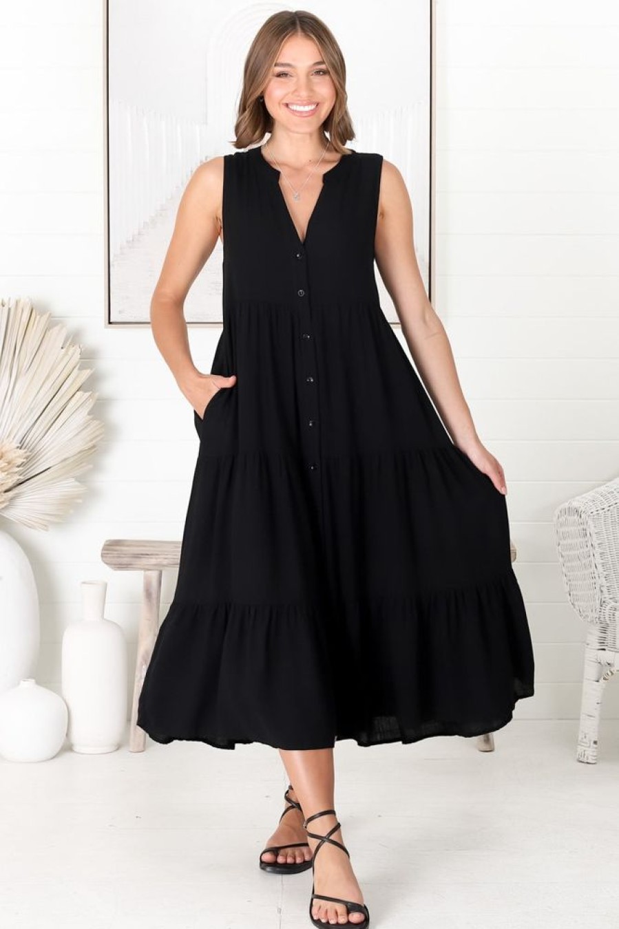 Dresses Salty Crush | Fifi Linen Midi Dress - Black