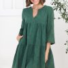 Dresses Salty Crush | Deedi Mini Dress - Metalesse Cotton Smock Dress In Green