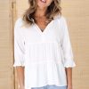 Tops Salty Crush | Greta Top - Mandarin Collar Smock Top In White