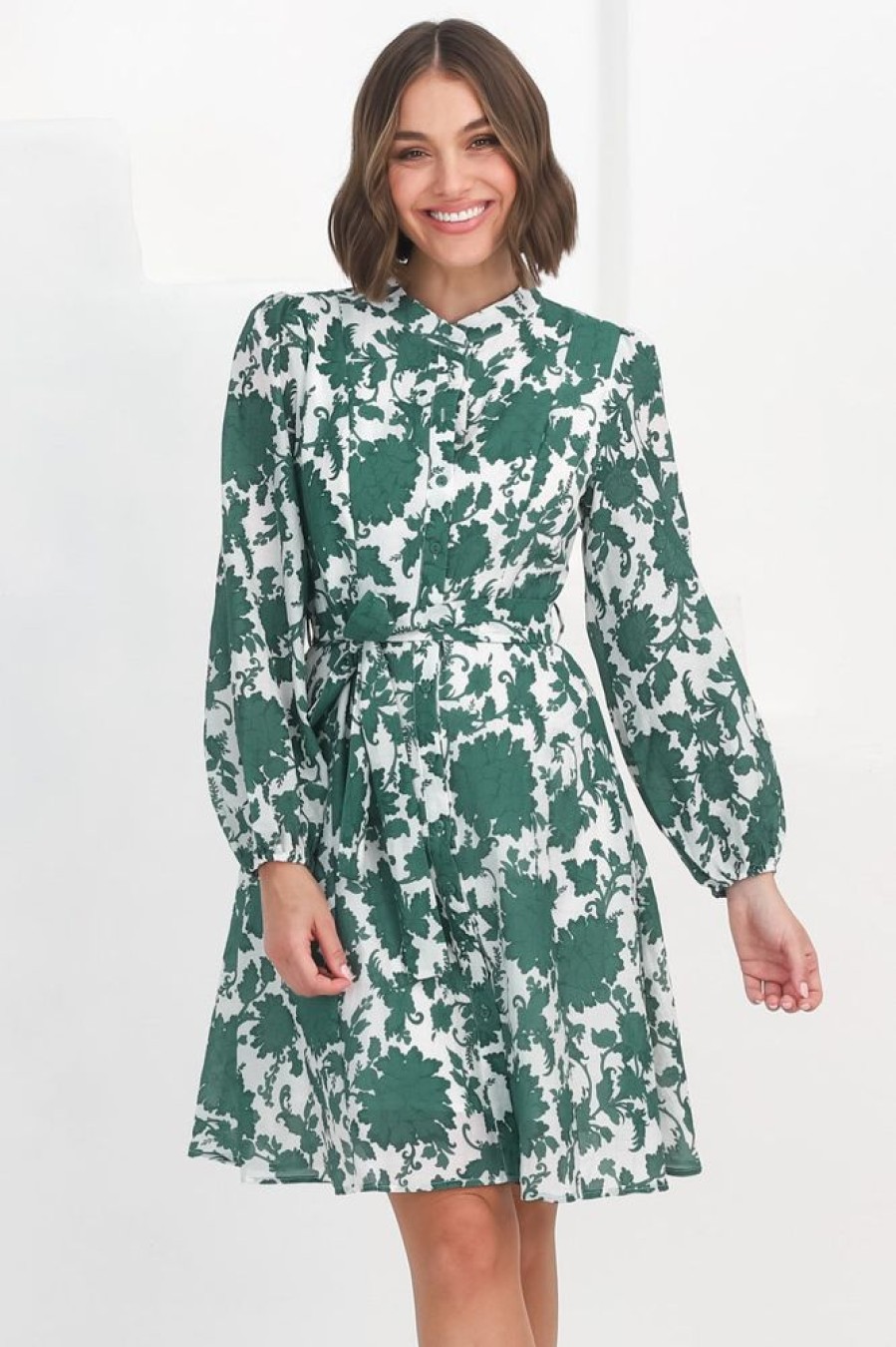 Dresses Salty Crush | Esther Mini Dress - High Mandarin Collar Buttoned Dress With Waist Tie In Demi Green