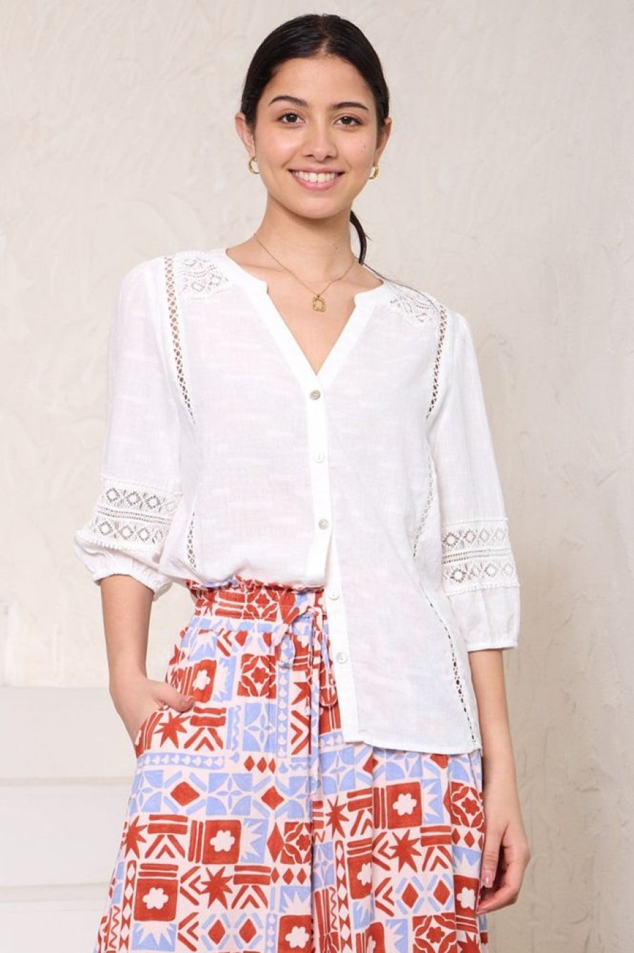 Tops Salty Crush | Nico Top - Mandarin Collar Buttoned Down Shirt With Crochet Details In White