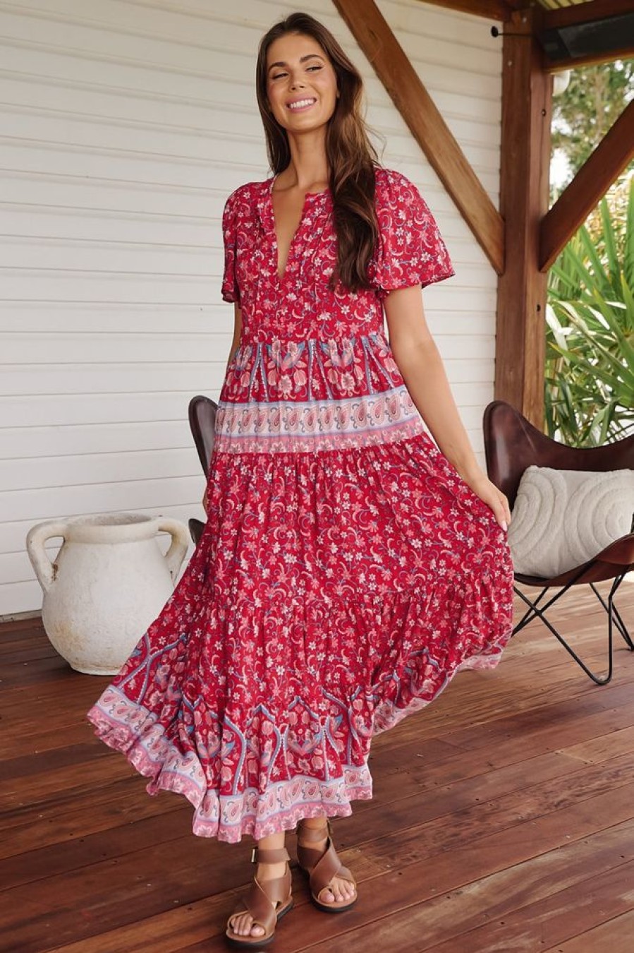 Jaase JAASE | Jaase - Olli Maxi Dress: V Neck Tiered Smock Dress With Short Sleeves In Ruby Rouge Print