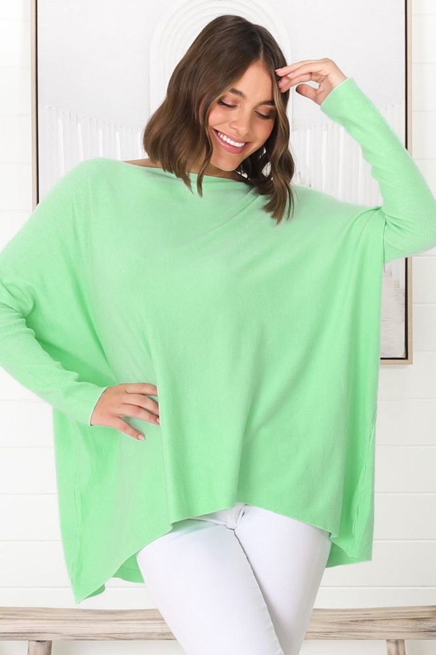 Tops Salty Crush | Belinda Knit Top - Boat Neckline Boxy Batwing Top In Light Green