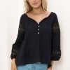 Tops Salty Crush | Susette Top - Buttoned Down Lace Insert Detailing Long Sleeve Top In Black