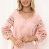 Tops Salty Crush | Susette Top - Buttoned Down Lace Insert Detailing Long Sleeve Top In Blush