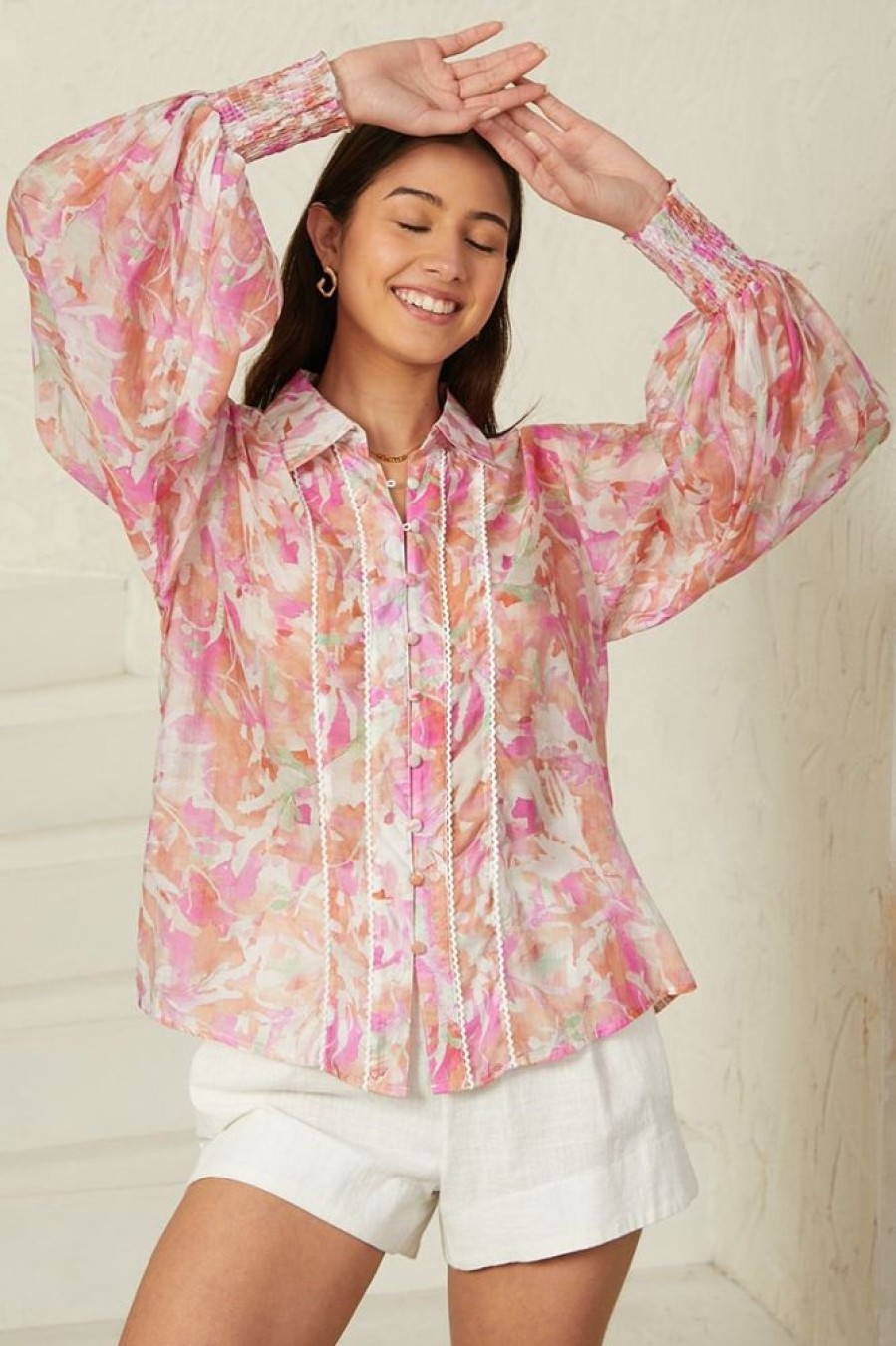 Tops Salty Crush | Aralyn Blouse - Balloon Sleeve Button Down Shirt In Pink Floral