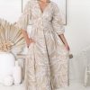 Dresses Salty Crush | Jolie Midi Dress - V Neck Buttoned Down Long Sleeve Dress In Jeani Print Beige