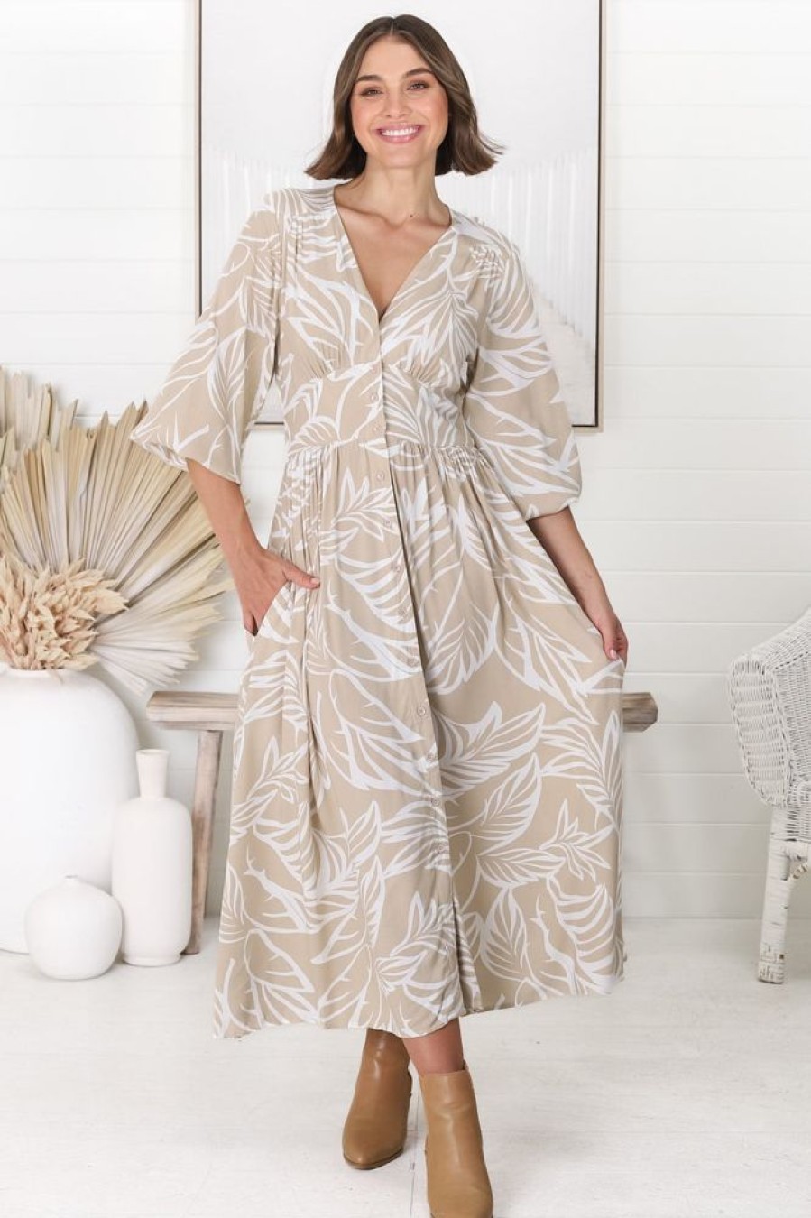 Dresses Salty Crush | Jolie Midi Dress - V Neck Buttoned Down Long Sleeve Dress In Jeani Print Beige