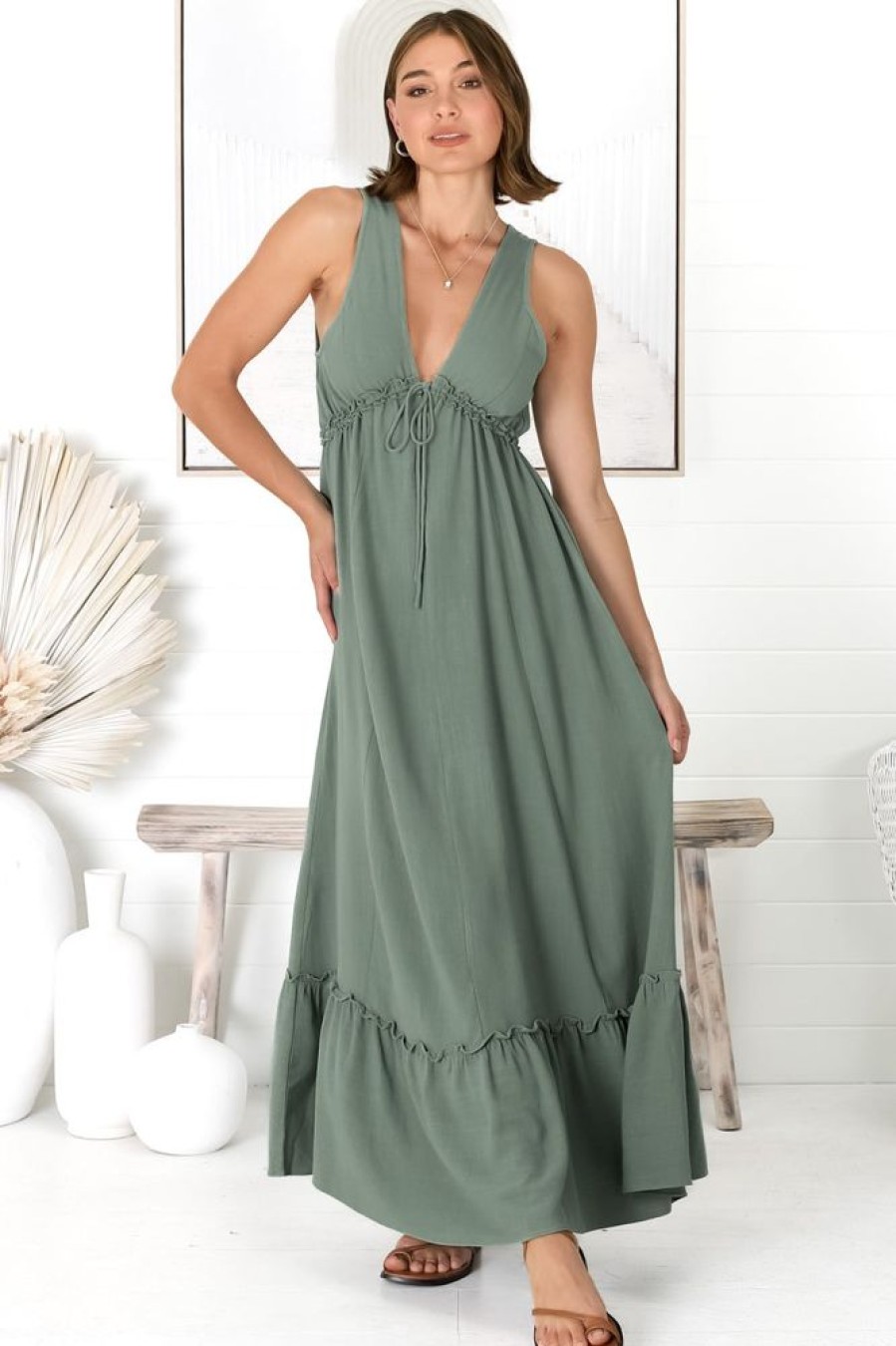 Dresses Salty Crush | Scout Linen Maxi Dress - Sage