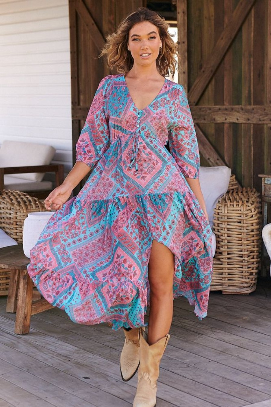 Jaase JAASE | Jaase - Tessa Maxi Dress: A Line Pull Tie Waist Dress In Luana Print
