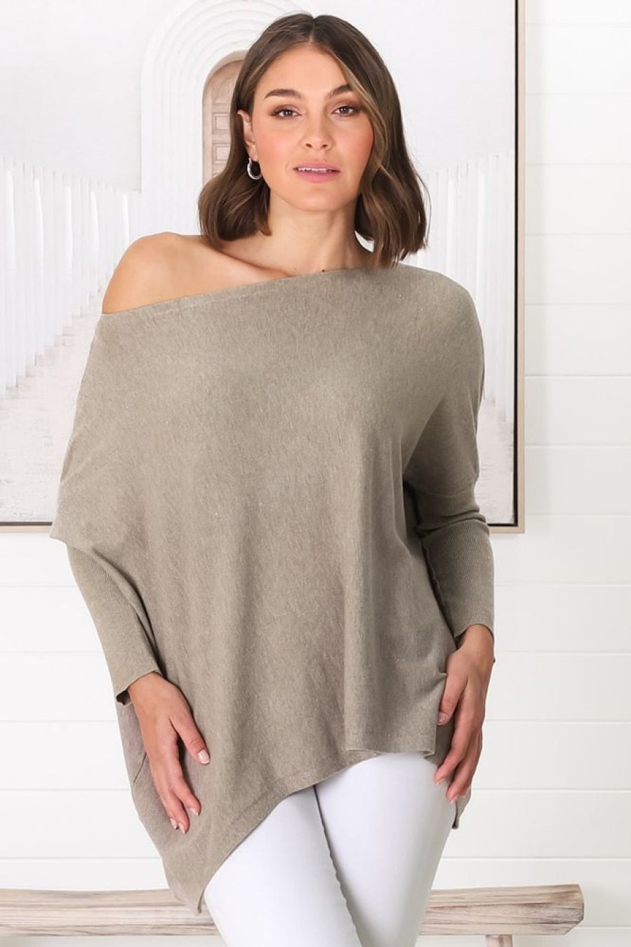 Tops Salty Crush | Belinda Knit Top - Boat Neckline Boxy Batwing Top In Beige