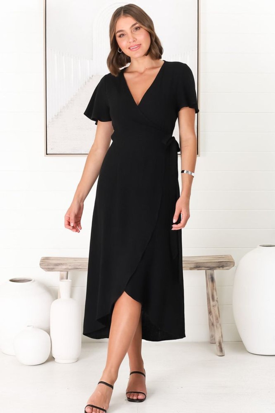 Dresses Salty Crush | Evelyn Wrap Midi Dress - Black