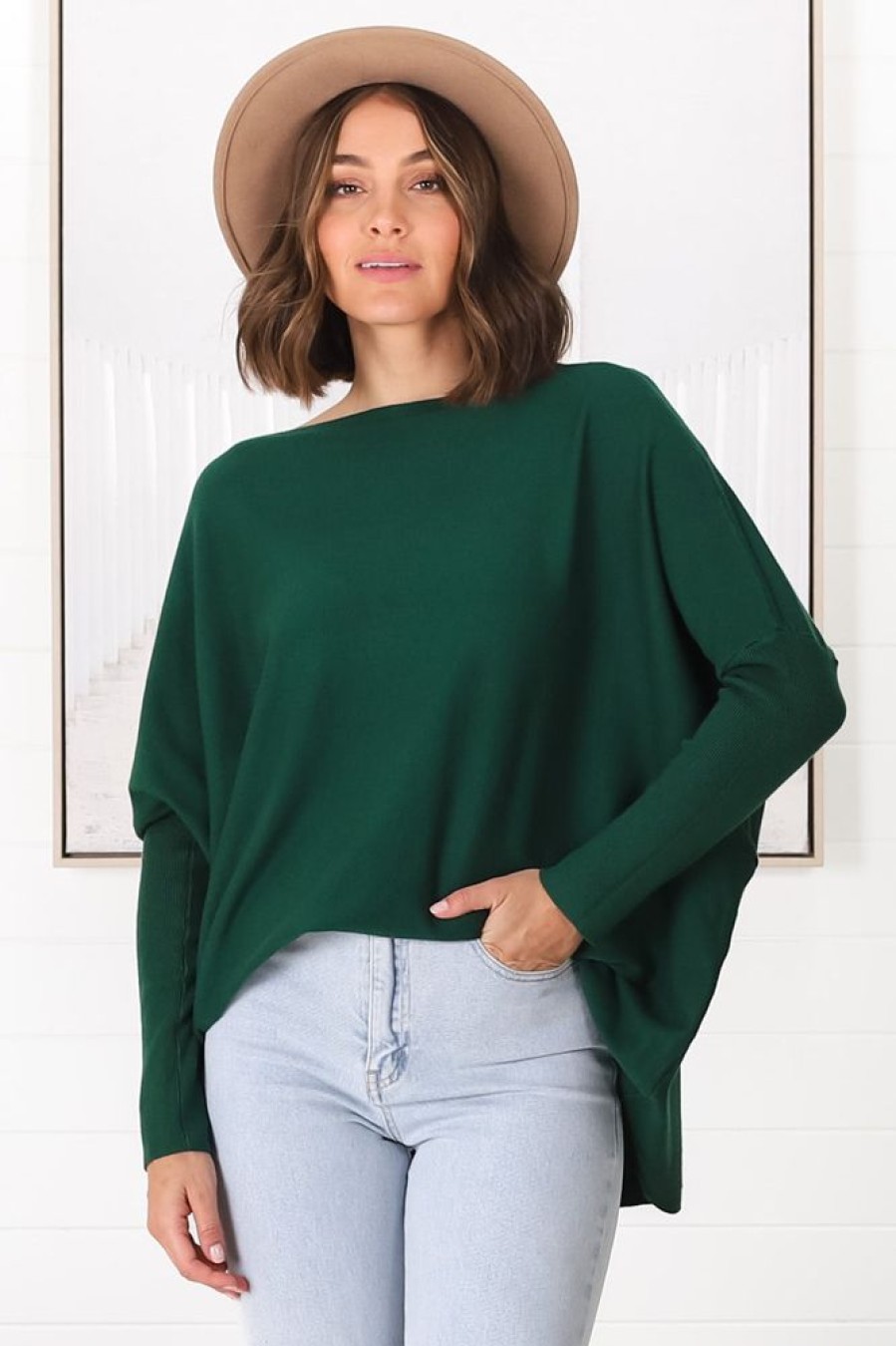 Tops Salty Crush | Belinda Knit Top - Boat Neckline Boxy Batwing Top In Dark Green