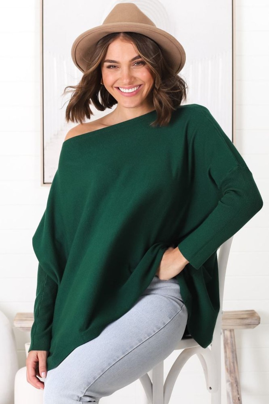 Tops Salty Crush | Belinda Knit Top - Boat Neckline Boxy Batwing Top In Dark Green