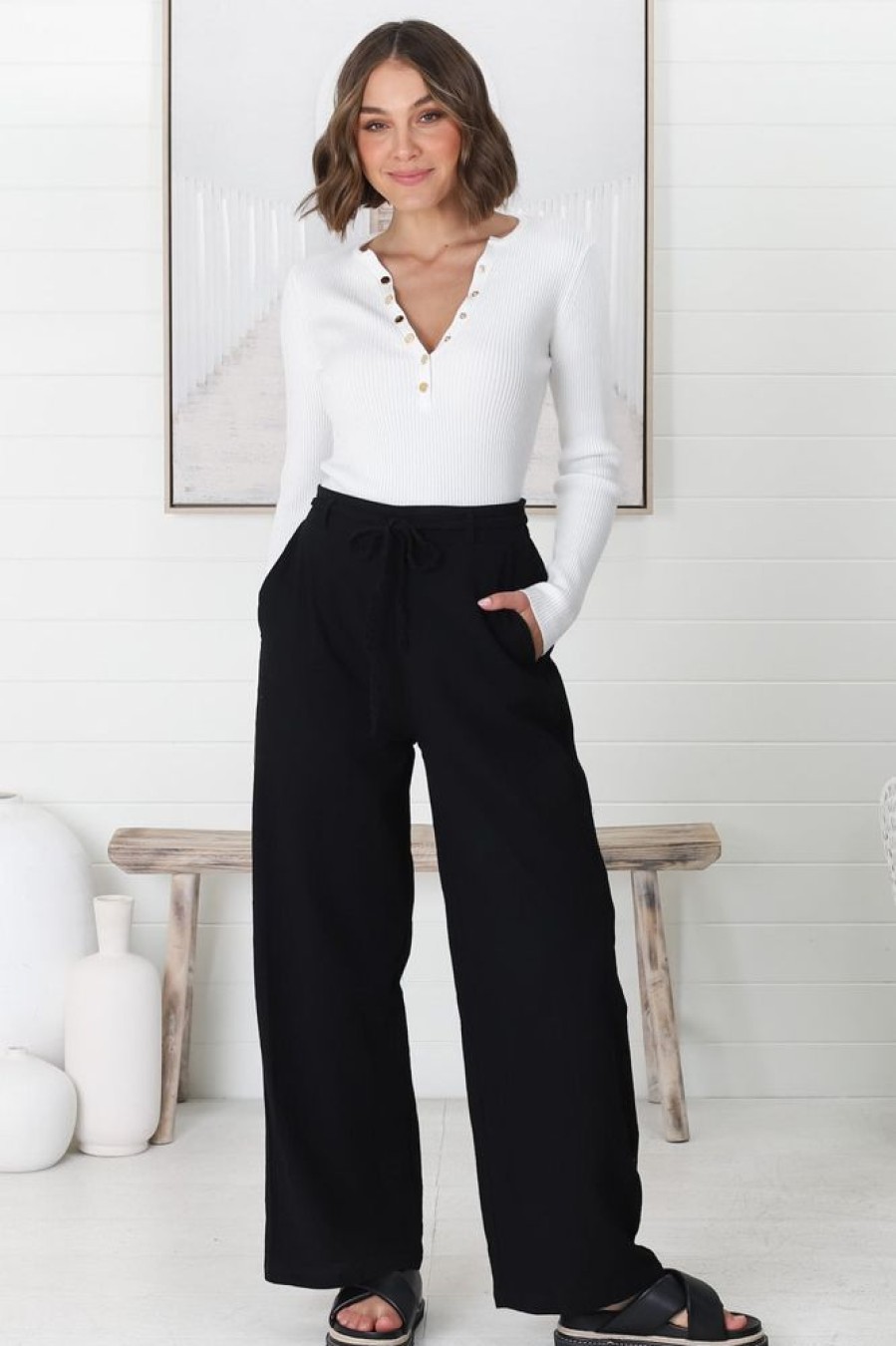 Accessories Salty Crush | Roswell Pants - Cotton Wide Leg Pant With Plaited Belt In Black