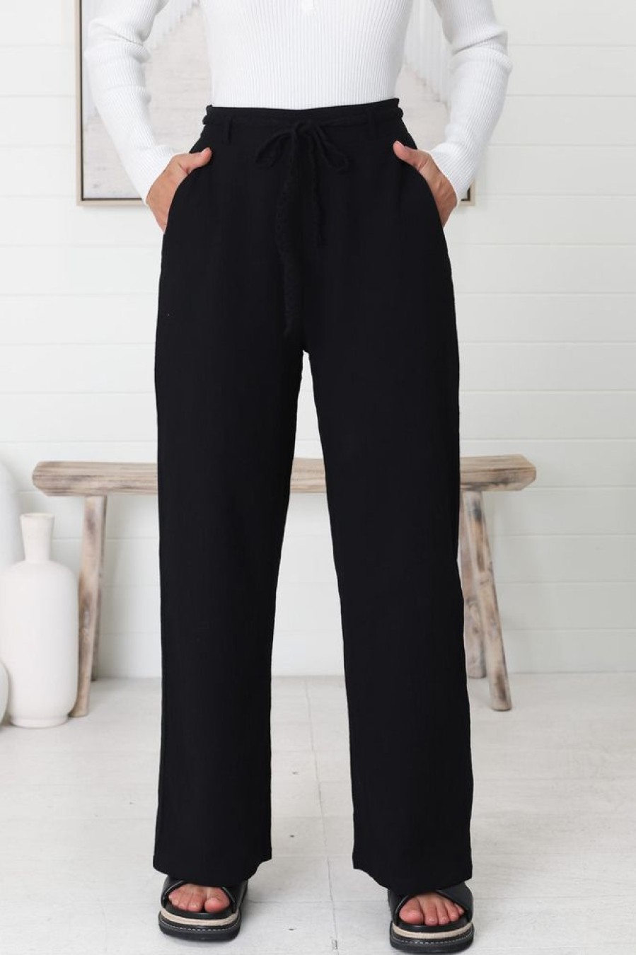 Accessories Salty Crush | Roswell Pants - Cotton Wide Leg Pant With Plaited Belt In Black