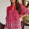 Tops JAASE | Jaase - Florence Blouse: Lace Shoulders Button Down Blouse In Ruby Rouge Print