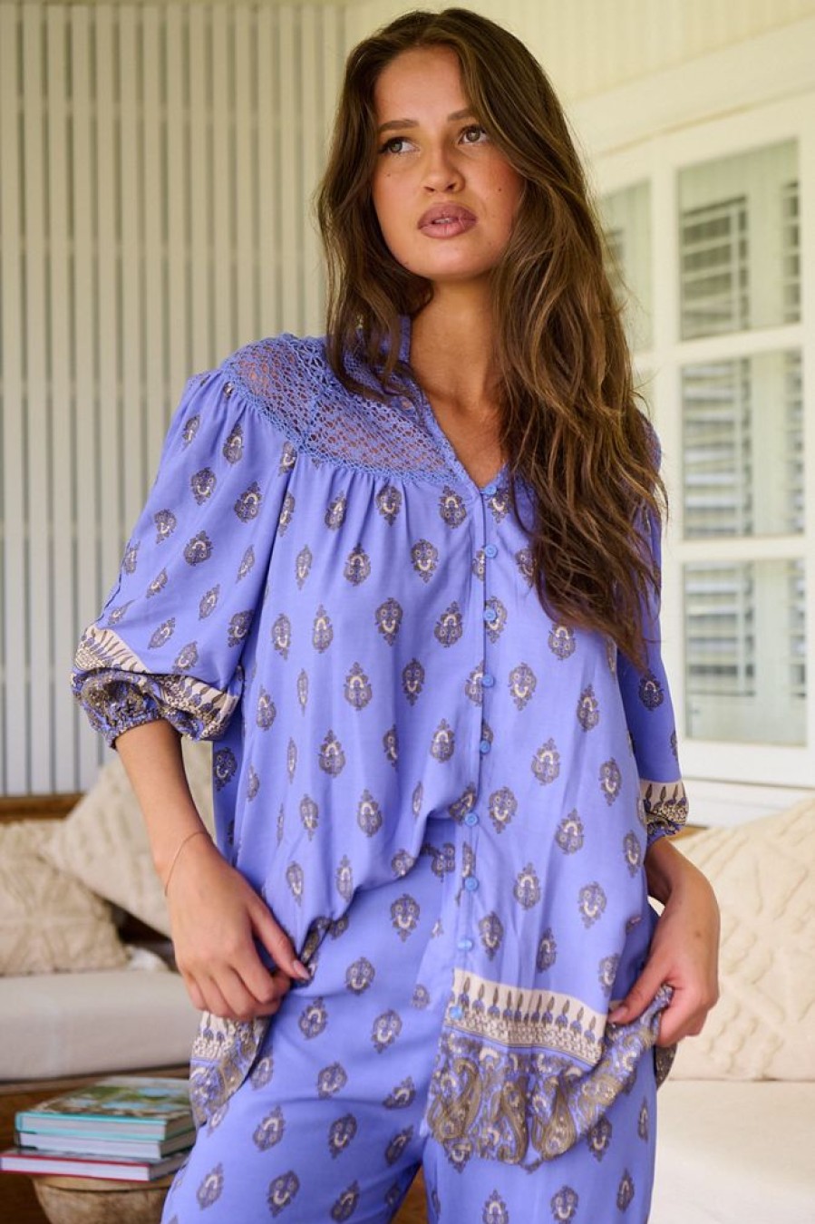 Tops JAASE | Jaase - Florence Blouse: Lace Shoulders Button Down Blouse In Jacaranda Print