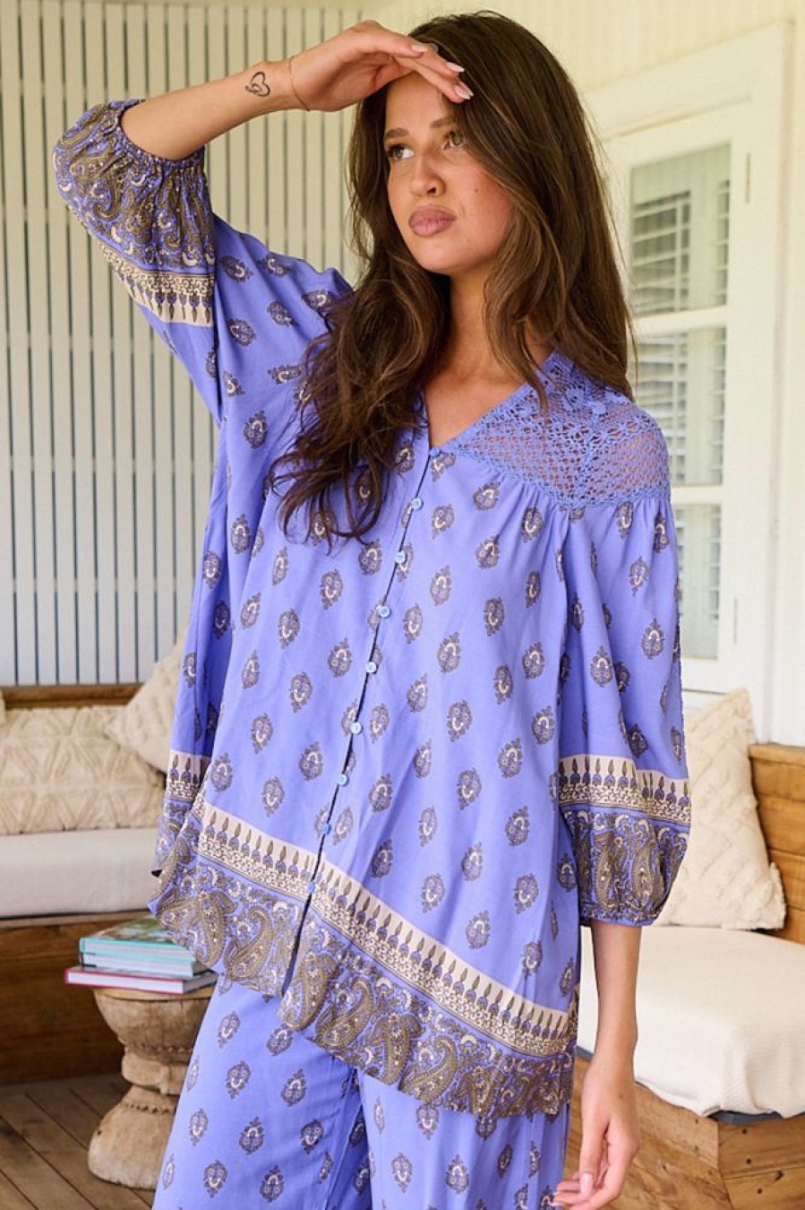 Tops JAASE | Jaase - Florence Blouse: Lace Shoulders Button Down Blouse In Jacaranda Print