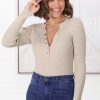 Tops Salty Crush | Emilia Top - Gold Button Neckline Ribbed Top In Beige