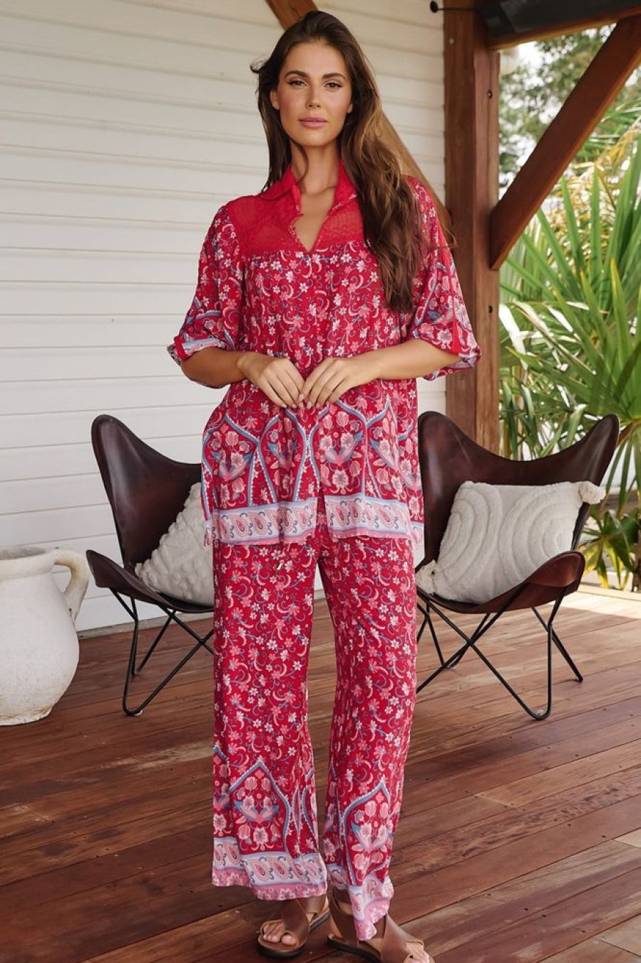 Jaase jaase | Jaase - Cici Pants: Mid Rise Relaxed Wide Leg Pant In Ruby Rogue Print